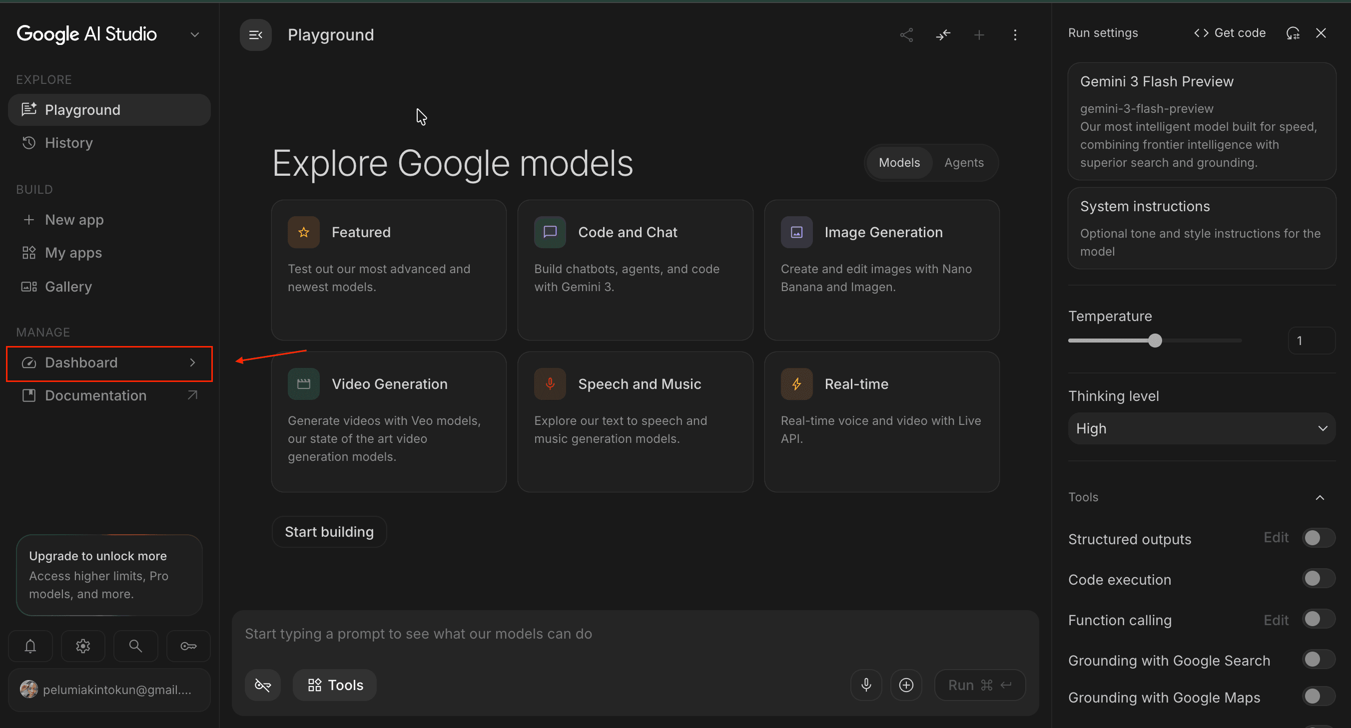 From the Playground, open Dashboard in the left sidebar.