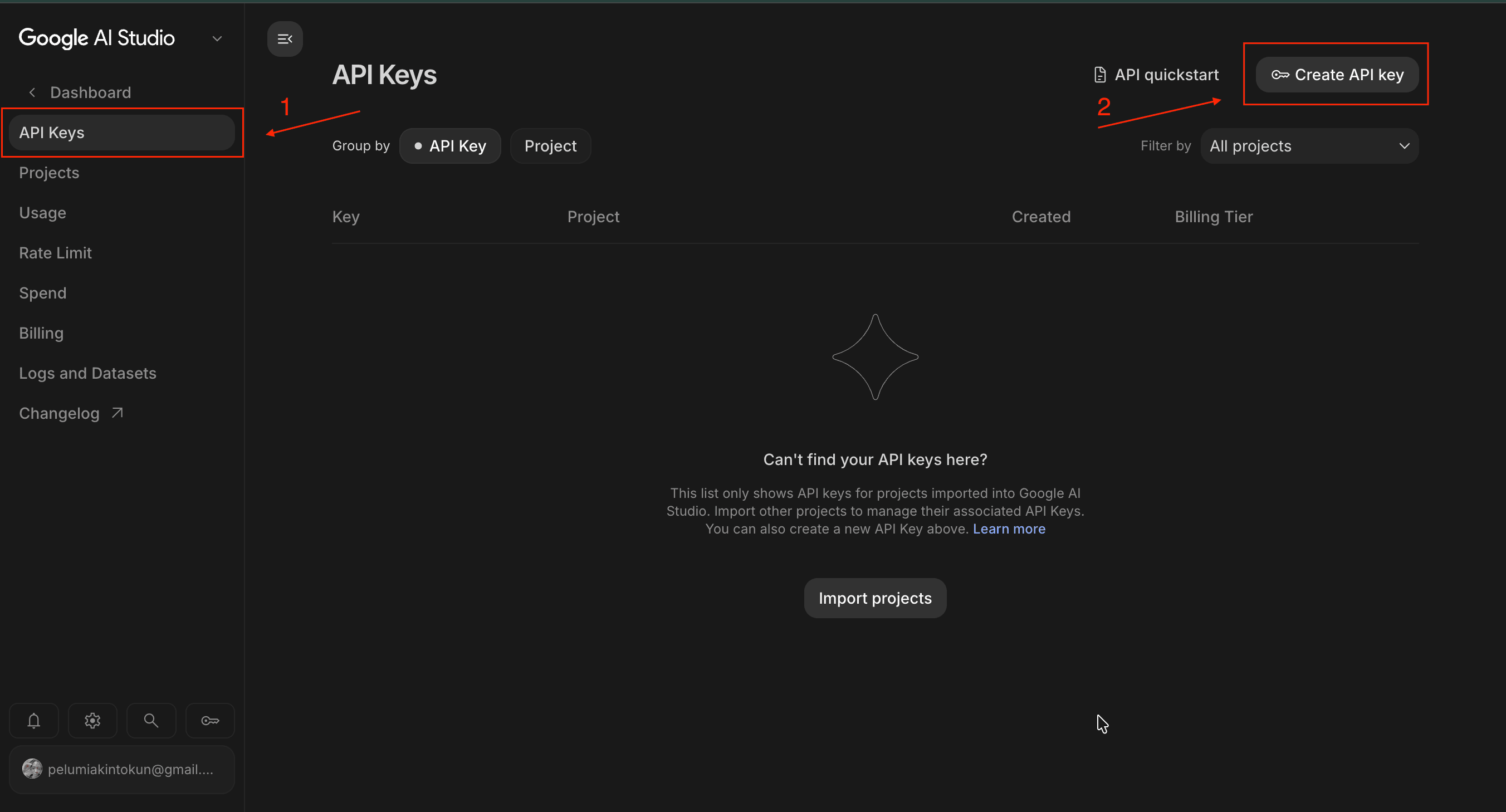 In the Dashboard, open API Keys and click Create API key.