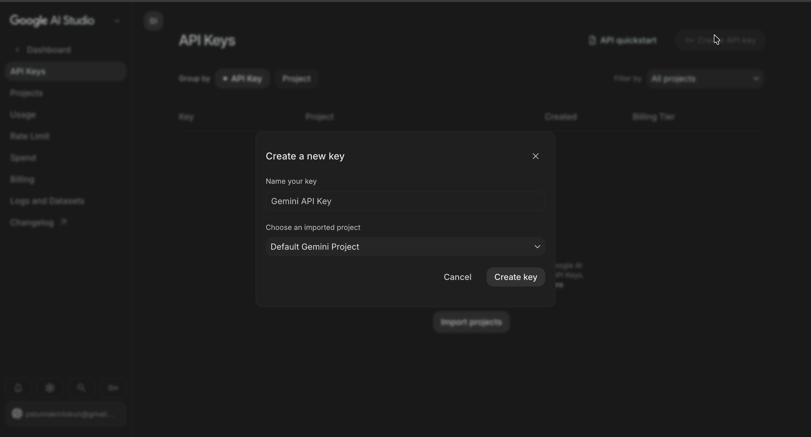 Name the key, pick a project, then create it.