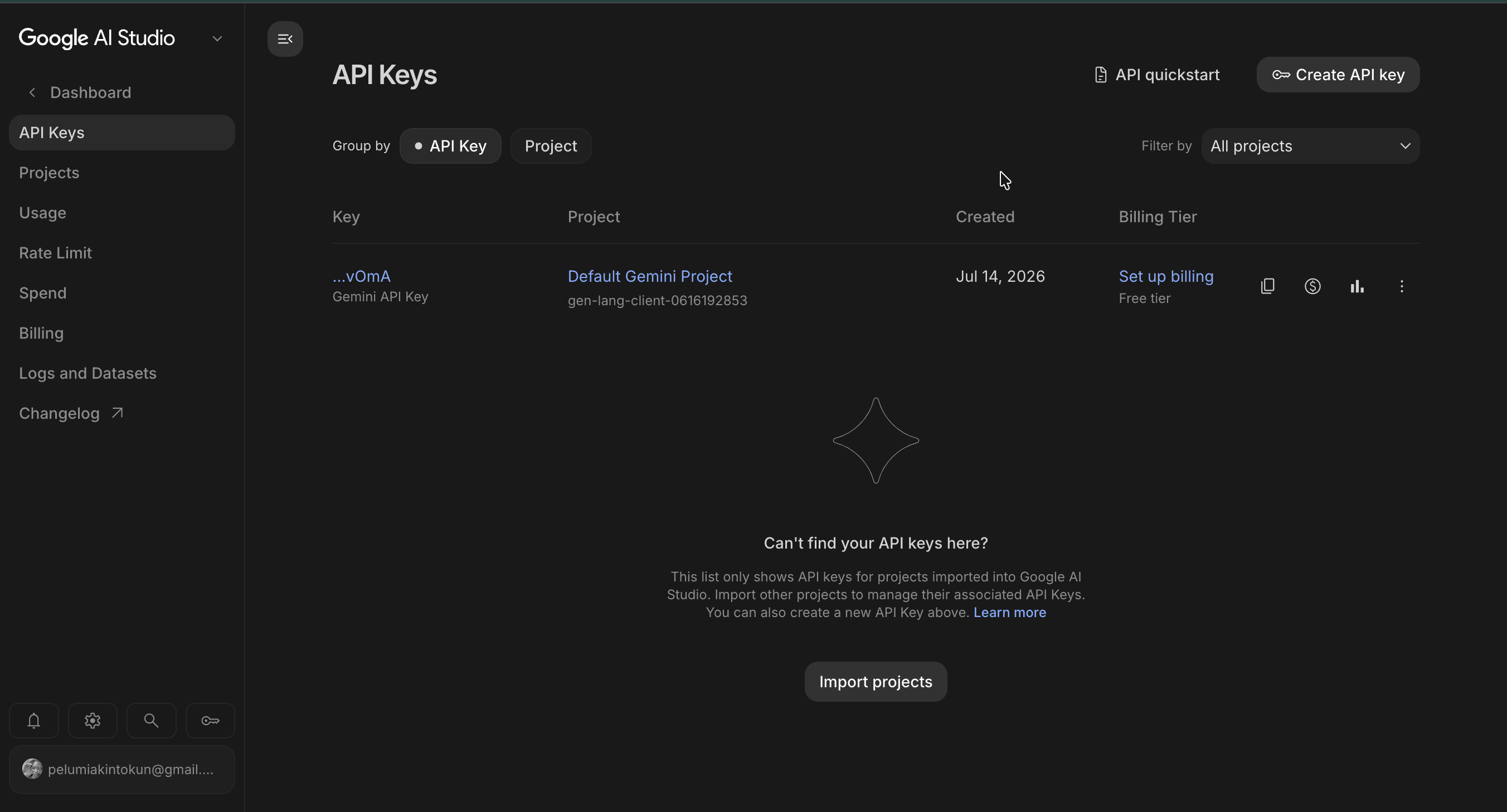 Your new key, listed on the free tier.