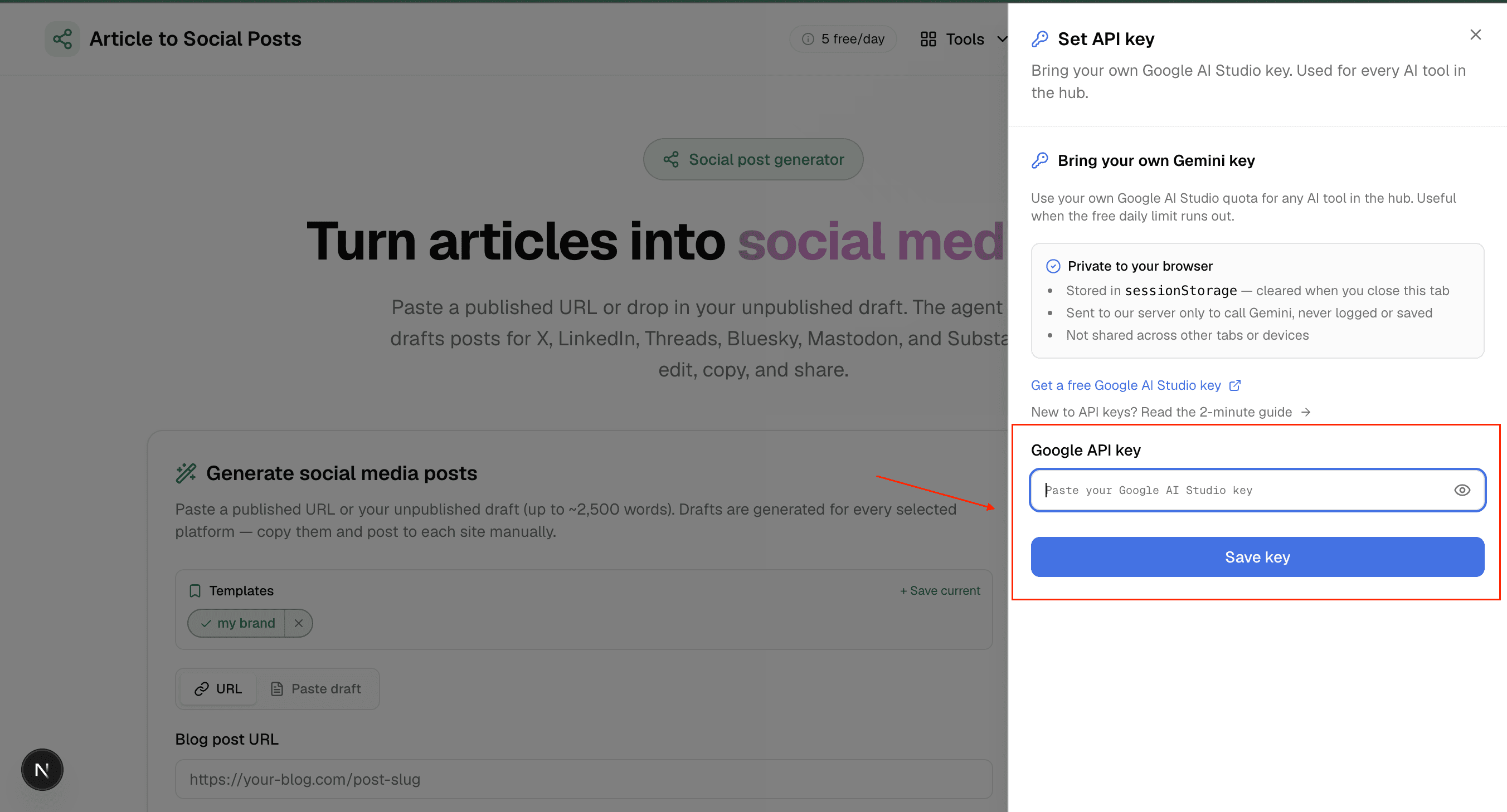 The Set API key panel: paste your key, then save